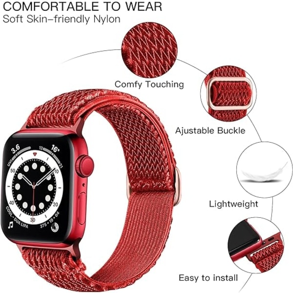 [QD] Joustavat rannekkeet yhteensopivat Apple Watch -rannekkeiden kanssa, joustavat solo loop pehmeät nylonrannekkeet naisille miehille/punainen/koko: 38/40/41mm