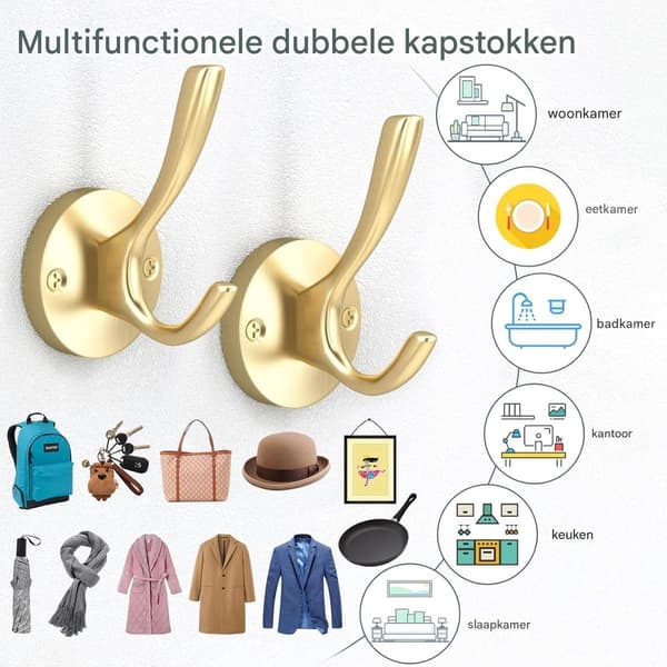 Gull Klesknagger, Veggkroker, Dobbel Krok, Gull, 4-pakning