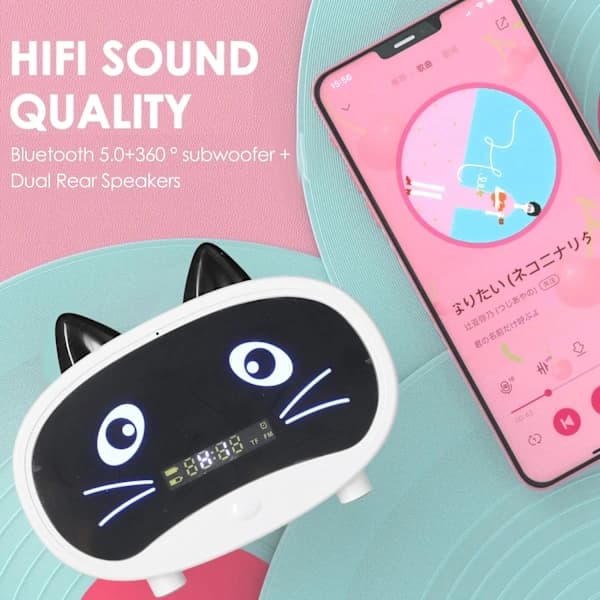 Bluetooth Klockradio, Multifunktionell Trådlös Väckarklocka Bluetooth Högtalare MP3-spelare, Söt Kattöredesign, Stöd för Bluetooth/Minneskortingång