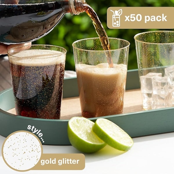 [QD] 50 Premium Paksut Muovilasit, Muoviset Juhlalasit Kultaglitterillä (285ml / 10oz) - Uudelleenkäytettävät Muovilasit, Juomalasit