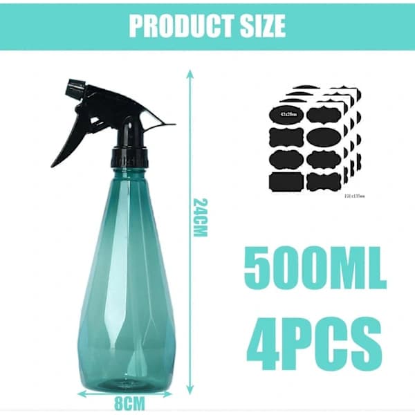 4 x 500 ml Suihkepullot - Muovinen puutarharuisku, kasvisuihkepullo, tyhjä pullo etiketillä kasveille, kukille