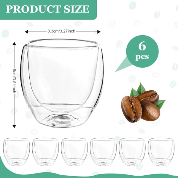 QU*6 stykker kaffekopper glass, 250 ml dobbeltglass, borosilikatglass dobbeltveggede kaffekrus for melk, kaffe, havre, yoghurt