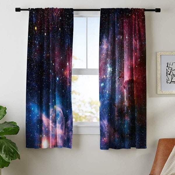 QD-IC Barnegardiner for gutter, ytre rom, stanglomme (2 deler 100cm*180cm) Blå Planet Nebulosa Kosmisk Svart Psykedelisk