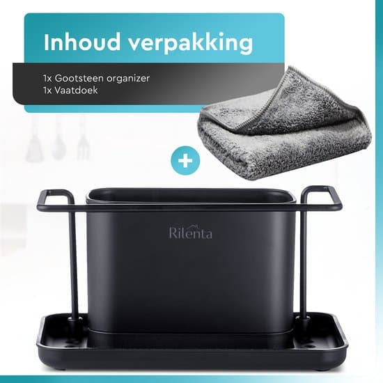 Rilenta Køkkenvask-organizer, Rustfrit stål svampeholder med tørrestativ til karklud og drypbakke, Mat sort