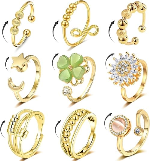 Fidget Ringar Ångestringar för Kvinnor Guld 9st Justerbar Spinner Ring Gold-A