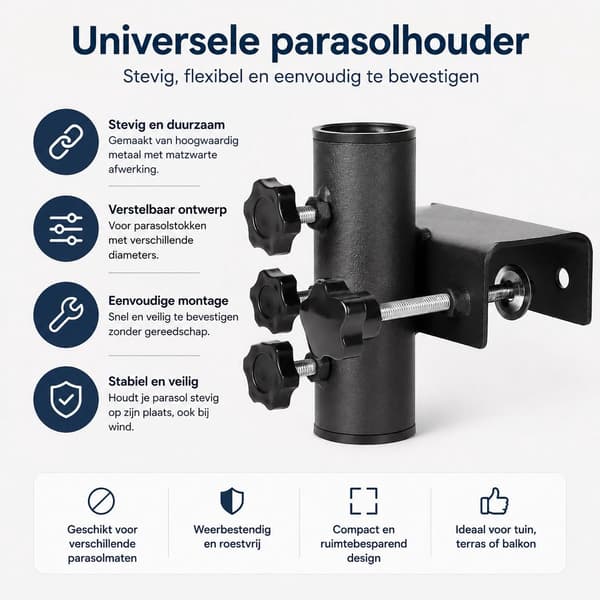 Paraplyklemmeholder, justerbar solid metallparasollfeste for lastesykler, markedsboder, terrasser og campingvogner, svart