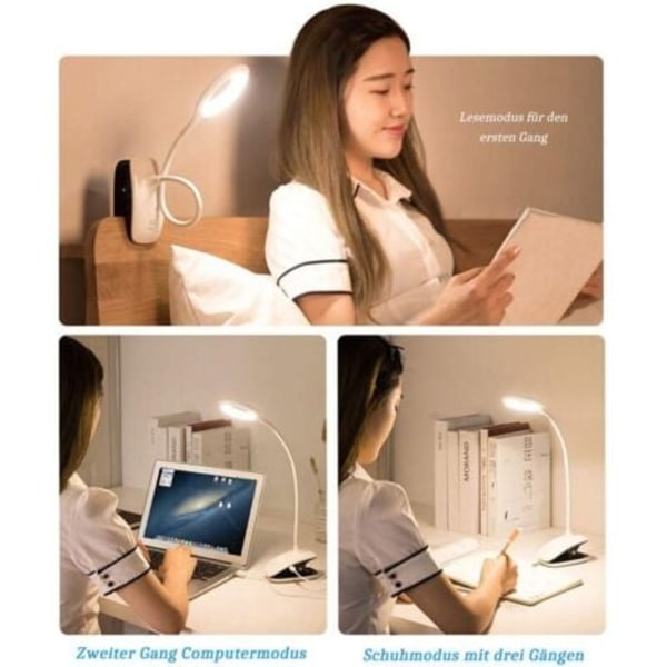 QU/Ulisem LED Klype Leselampe med Berøringssensor Bordlampe for Seng Barn 360° Fleksibel Svanehals Klypelampe USB Oppladbar
