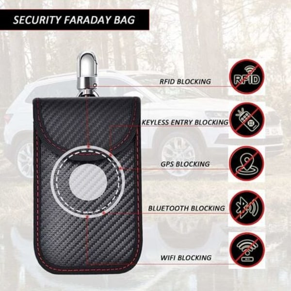 QQU-Anti RFID Signal Faraday Påse (8.5x12.5cm), 2-pack Kolfiber Bilnyckel Signalblockerande Påsar, med 2 Svarta Metallnyckelringar