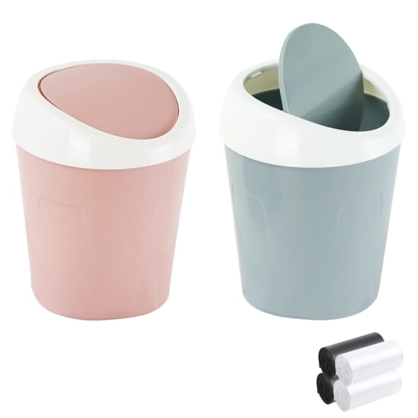 2 Små søppelbøtter Mini skrivebordssøppelbøtte (blå, rosa)