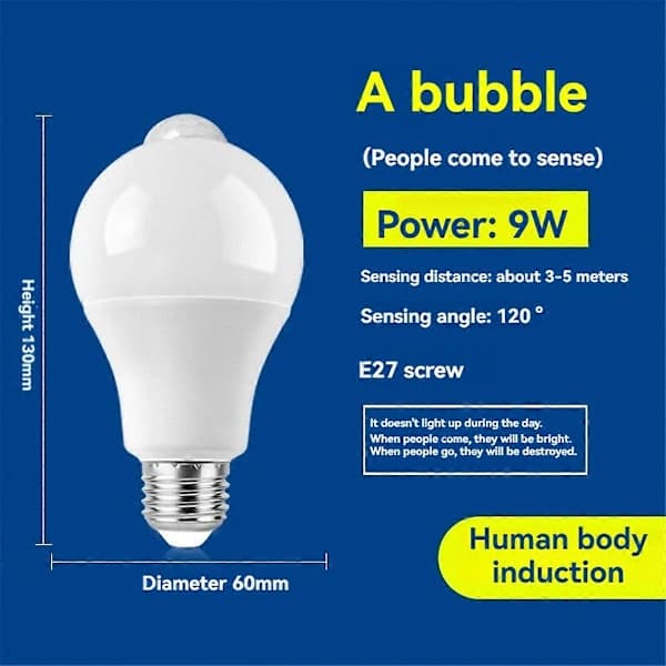 4-pakning E27 LED-lampe med bevegelsessensor PIR-sensorlampe 9W