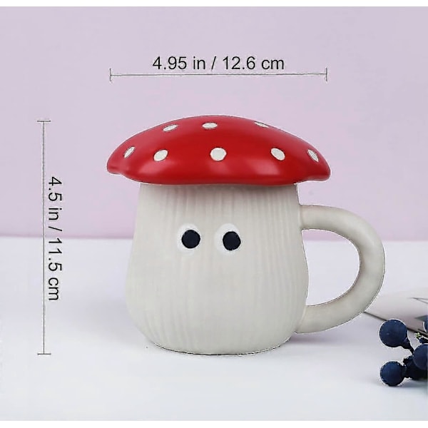\"QD\" Søt Soppkrus med Lokk, håndlaget glasur paraplylokk & øyne, sikker matt keramisk melkekrus, 355 ml Amanita Muscaria tekopp.