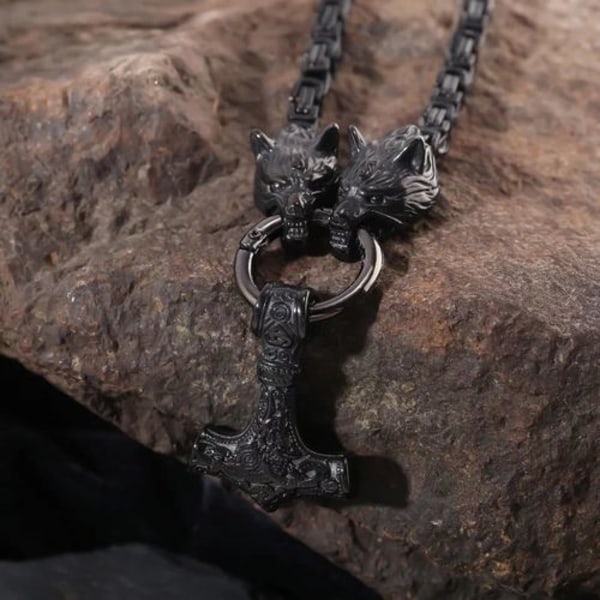 Bysantinsk kedja Svart hänge Thor's Hammer Rostfritt stål Wolf Viking Smycken 50/60/70 cm