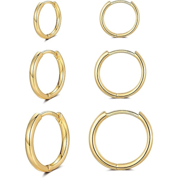 QD-3 Par Små Brusk Ring Øreringe til Kvinder Mænd, Allergivenlige Sterling Sølv Stifter Huggie Øreringe, 8/10/12mm Guld-8/10/12mm -
