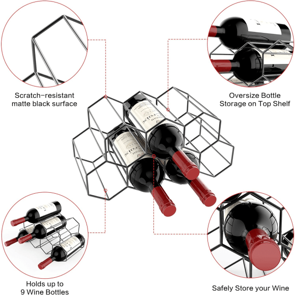 QU/Fritstående metal vinreol til 9 flasker - Sort, vinopbevaringsorganisator