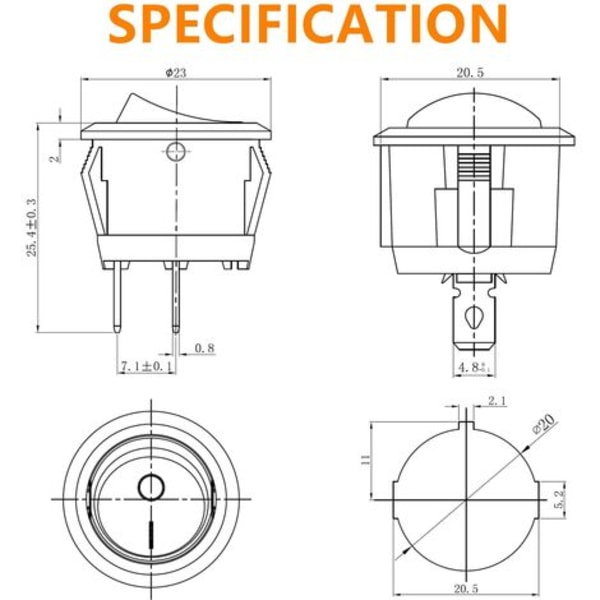 #QD#10st Svart Rund Vippbrytare På/Av 2-stift AC 6A(250V) 10A(125V) SPST Tryckvippströmbrytare för Bil Båt Marinbil Lastbil Lätt Hushåll