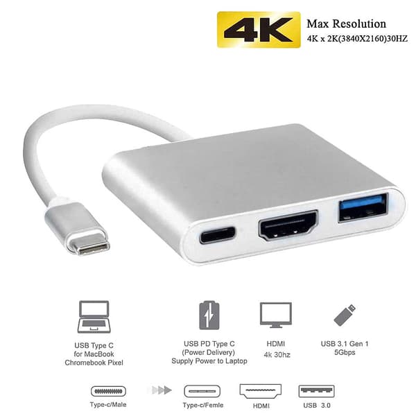 USB-C-sovitin Macbookille - HDMI & USB 3.0 Silver silver