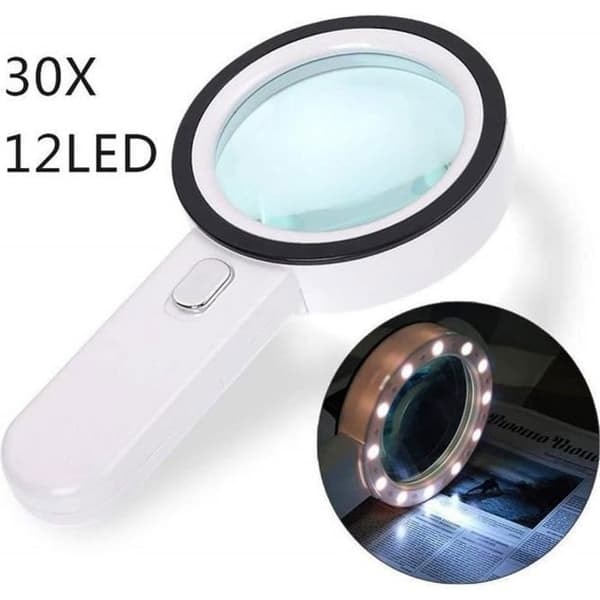 /QD/30X håndholdt forstørrelsesglas, 12 LED-lys forstørrelsesglas til ældre læsning, mønter, udforskning, frimærker, kort,