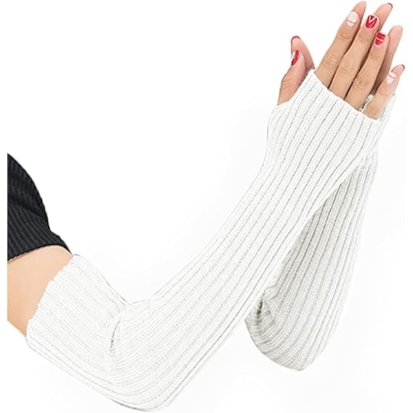 [QD] Stickade mjuka stretchiga fingerlösa handskar för dam och flickor, armvärmare, långa handskar, vita, 1 par