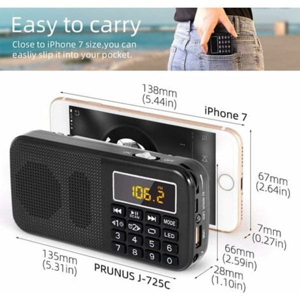 #QD#Bärbar radio, FM-radio med uppladdningsbart batteri med hög kapacitet (3000mAh), stöd för MP3 / SD / USB / AUX, svart