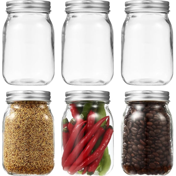 QU*Set med 6 Mason Jars, 500 ml glasburkar med lock, lufttäta glasburkar med lock, perfekt för hemgjord sylt, inlagda grönsaker, overnight oats