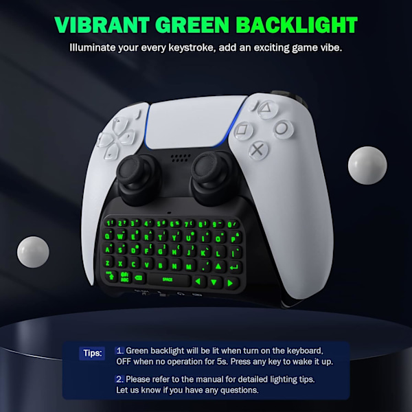 Grønt baggrundsbelyst tastatur til PS5-controller, PS5 trådløst minitastatur Chatpad til Playstation 5-controller med 3,5 mm lydstik_qp Black