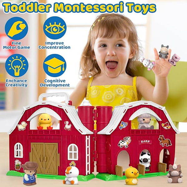 [QD] Leksaksset Bondgård med Djur för 1-3 Åringar, Montessori-inlärning & Låtsasleksak för Småbarn