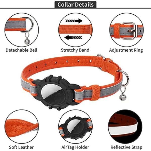\"QD\" Reflekterande katthalsband, GPS-katthalsband i läder med hållare och klocka [Orange], Tracker-katthalsband för katter för flickor och pojkar