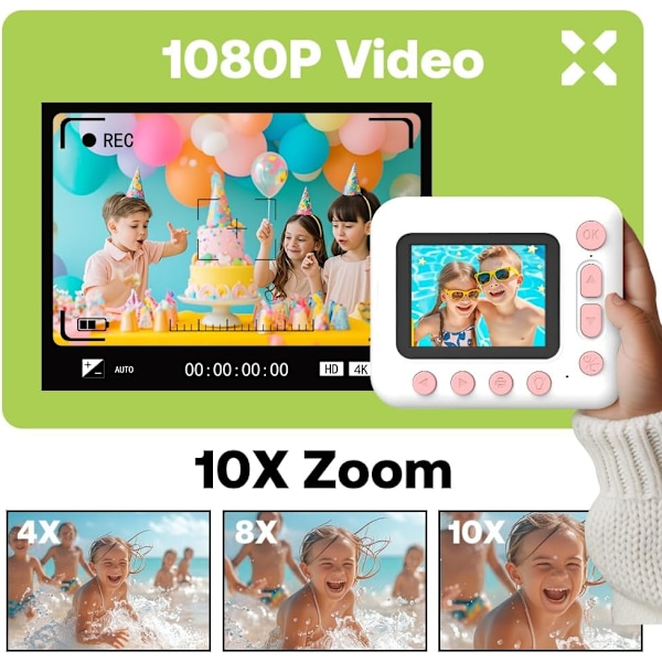 Instant Børne Fotokamera, 1080P 2.4\" Instant Print Kamera til Børn med Termisk Printpapir Farve Tusser Halsrem, Pink