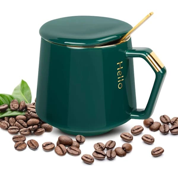 Keramisk kaffemugg med lock, kaffekopp + rostfri sked, 380 ml temugg
