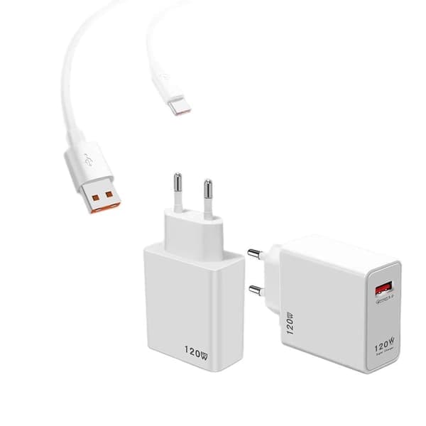 Oplader - Hurtigoplader - 120W oplader - Oplader + kabel - Europæisk rejseadapter