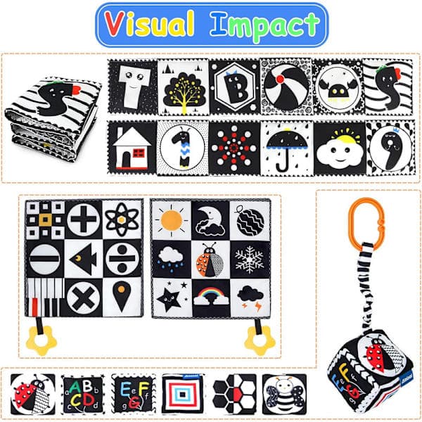 3-piece Activity Toy, Black and White Cloth Book for 0-6 Month Babies, Foldable, Learning Toy, Baby Activity Toy for Visual Development