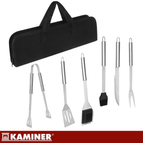 BBQ-værktøjssæt 6 dele rustfrit stål med etui til gas- og kulgrill, campingpicnic, sort