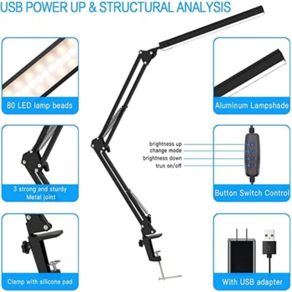 QU/Clip-on Skrivbordslampa, 12W Ögonskydd Swing Arm Skrivbordslampa, Dimbar Färgtemperatur, Lämplig för Studier, Arbete, Hem, Kontor