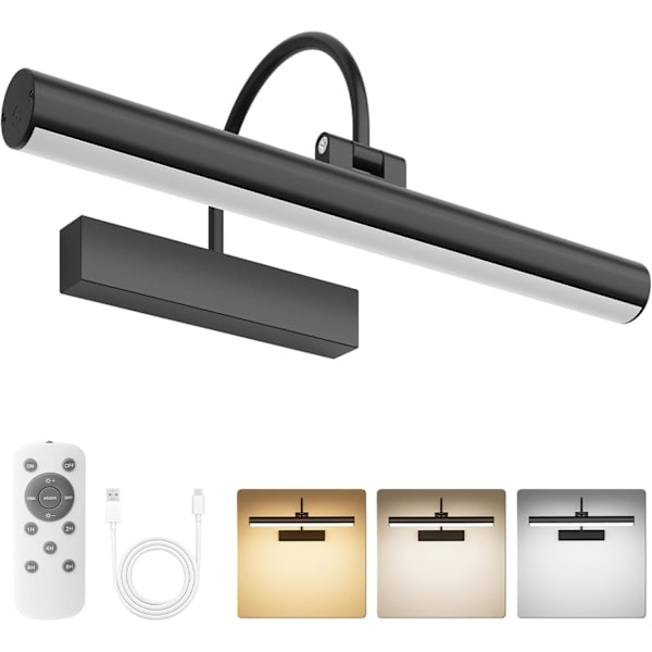 QD Uppladdningsbar tavellampa med fjärrkontroll, dimbar och 3 färgtemperaturer, batteridriven vägglampa med timer & minne - Svart Black
