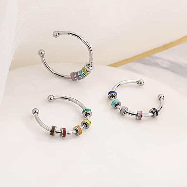 3 stk. Spinnende Emalje Fidget Ring, angstlindring i rustfritt stål, angstring med flerfarget rullekule