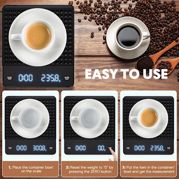 QU.Kaffevåg Digital Mat Uppladdningsbar Elektronisk Vägningstimer Abs Espresso Drip