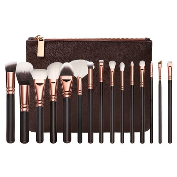 15 Professional Makeup Brushes with Stylish Storage Brown