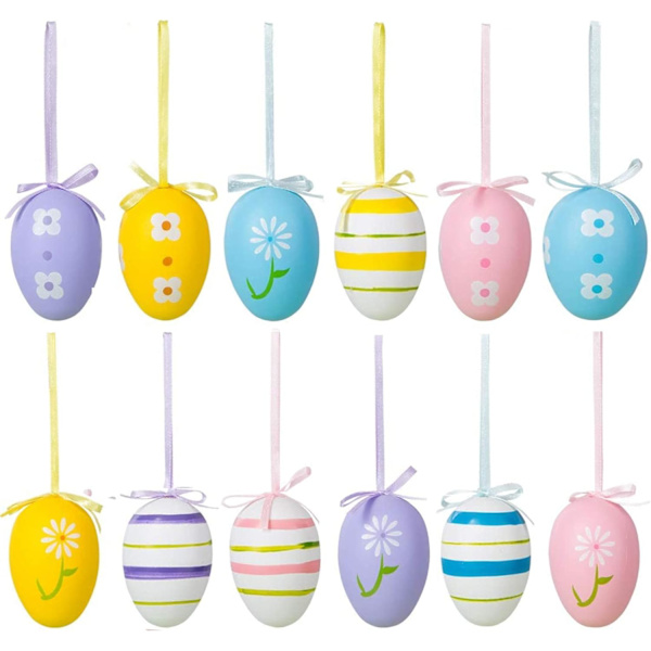Colorful Hanging Easter Egg Decor with Strings 12 pcs 4x6 cm for Easter Party School Office Decoration