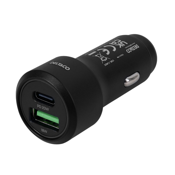 USB-billaddare, 1xUSB-A 18W, 1xUSB-C PD 20W, totalt 38W, svart
