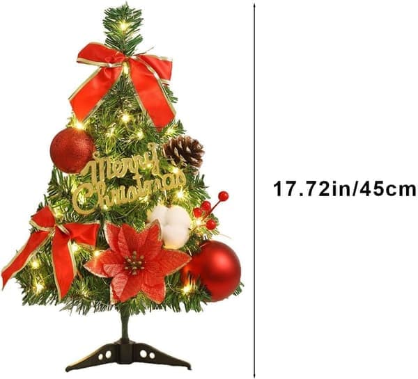 Mini Christmas Tree 45cm with Decorations, Tabletop Christmas Tree and Hanging Christmas Tree with LED Lights