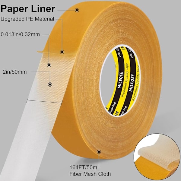 [QD] 1 Rulle Dubbelhäftande Tejp Stark, 50mm×50m, Universell Stark Väggtejp med Hög Fästförmåga och Glasfibernät
