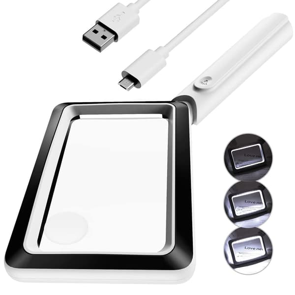 4X Oppladbart Forstørrelsesglass med Lys 20LED, Håndholdt Rektangulær Sidebelyst Forstørrer, 3 Lysstyrkemoduser