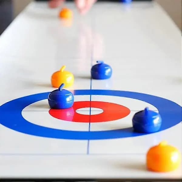 Mini Bordcurlingspill Bærbart Rullbart Interaktivt Familiespill for Barn og Voksne Blå Gul