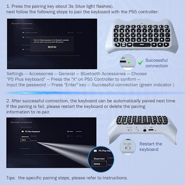 Grønt bakgrunnsbelyst tastatur for PS5-kontroller, PS5 trådløst minitastatur Chatpad for Playstation 5-kontroller med 3,5 mm lyduttak_qp White