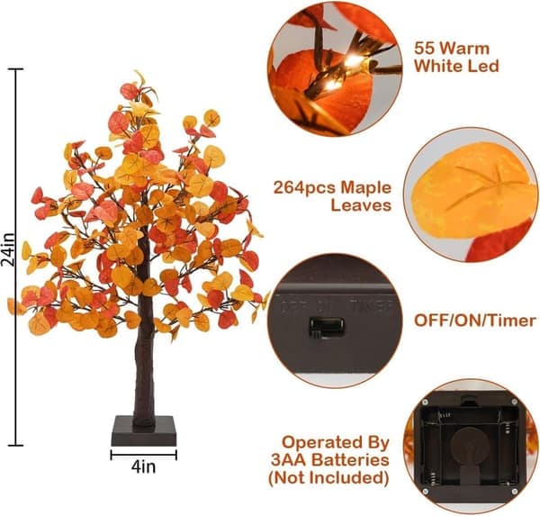 Høstdekorasjon med LED-lys – Eukalyptus & Lønneblader, 60 LED med Timer, Borddekorasjon for Innendørsbruk