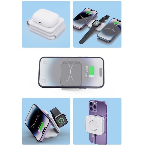 Foldbar Trådløs Mobillader 3-i-1 Magsafe Hvid_qq