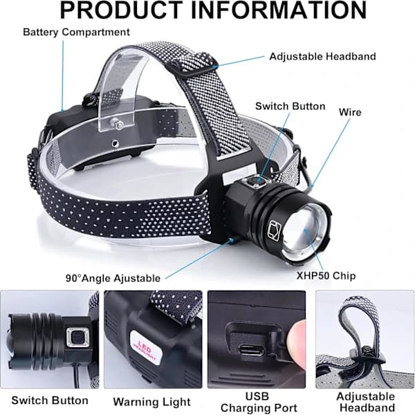 LED-hodelykt, oppladbar, 90 000 lumen supersterk hodelykt