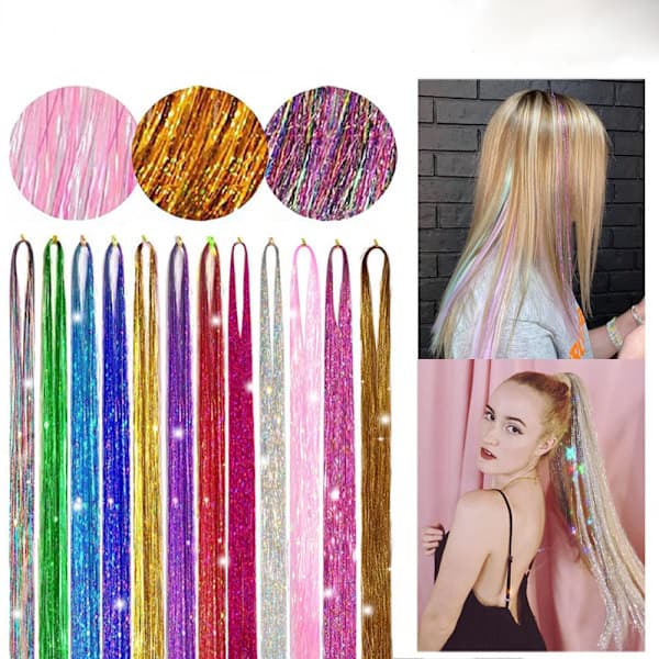 Glitter Tinsel -hiustenpidennykset työkalulla, 12 väriä