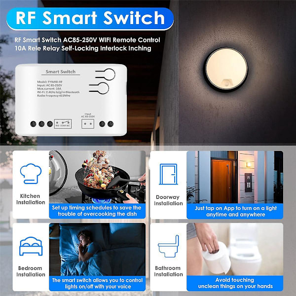1-kanals RF Smart Switch AC85-250V WIFI Tuya Fjärrkontroll 433 Ljusbrytare 10A Relä Relä Självlåsande