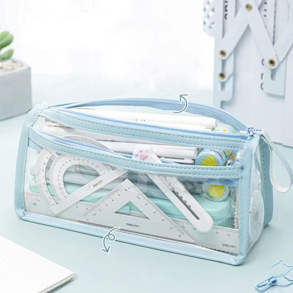 Transparent pennfodral väska pennhållare brevpapper dubbel dragkedja arrangör sminkväska för skola kontor resor, blå
